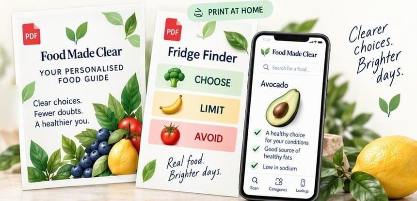 The Food Made Clear guide, the Fridge Finder and the food lookup app on a phone