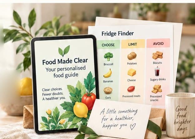The Food Made Clear guide on a tablet beside the Fridge Finder sheet and a gift card