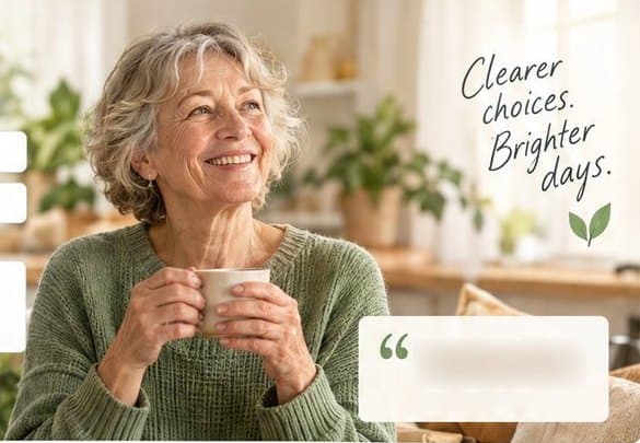 A smiling woman holding a mug in her kitchen