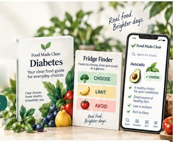 The Food Made Clear guide, the Fridge Finder sheet and the food lookup app on a phone