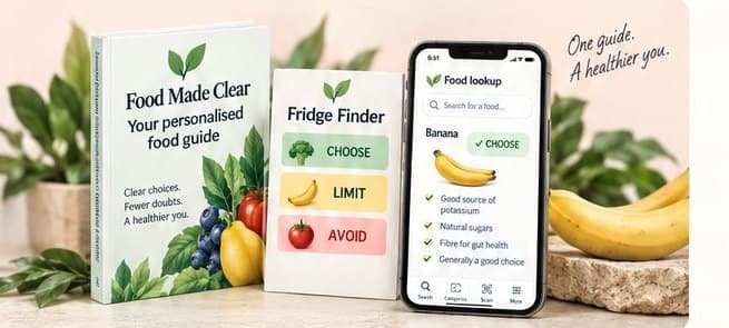 A personalised Food Made Clear guide, the Fridge Finder and the food lookup app beside a bunch of bananas
