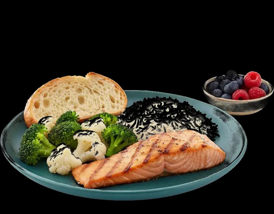 A plate of salmon, white rice, broccoli and cauliflower with a slice of sourdough, a bowl of berries and a glass of sparkling water