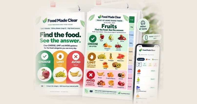 The Food Made Clear bundle among green leaves: the printed guide, a fridge sticker sheet and the app on a phone