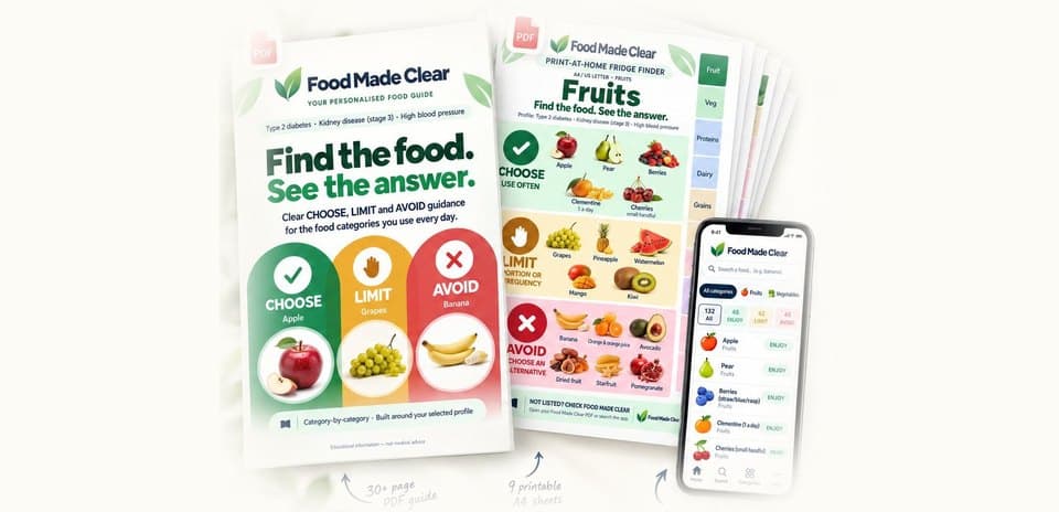 The Food Made Clear bundle: the printed guide, a Drinks fridge sheet and the phone app