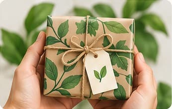 Hands holding a gift wrapped in leaf-print paper with a Food Made Clear tag