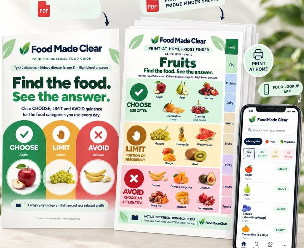 The Food Made Clear bundle: the personalised food guide book, fridge sheets for vegetables with choose more often, limit and avoid, and the app on a phone