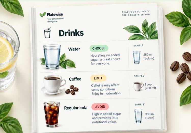A sample Food Made Clear Drinks page: water marked Choose, coffee marked Limit and regular cola marked Avoid, each with a reason and a typical serving