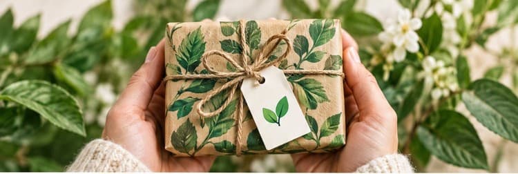 Hands holding a gift wrapped in leaf-print paper with a Food Made Clear tag