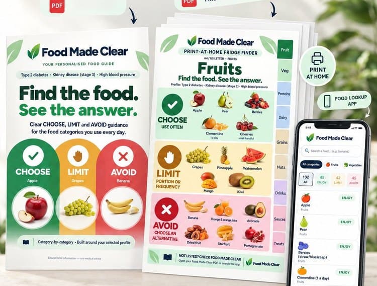 The Food Made Clear bundle: the personalised food guide book, fridge sheets for vegetables with choose more often, limit and avoid, and the app on a phone