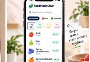 The Food Made Clear app on a phone listing avocado, banana, chocolate and salmon with Choose, Limit and Avoid