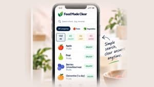 The Food Made Clear app on a phone listing food categories