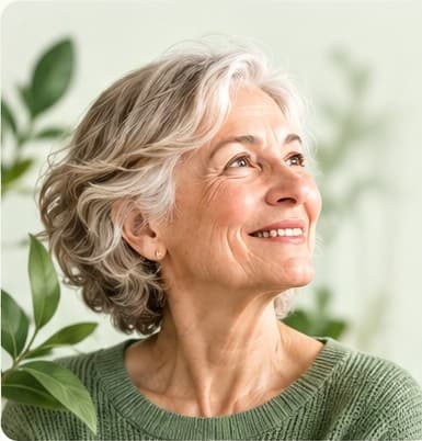A smiling older woman with grey hair